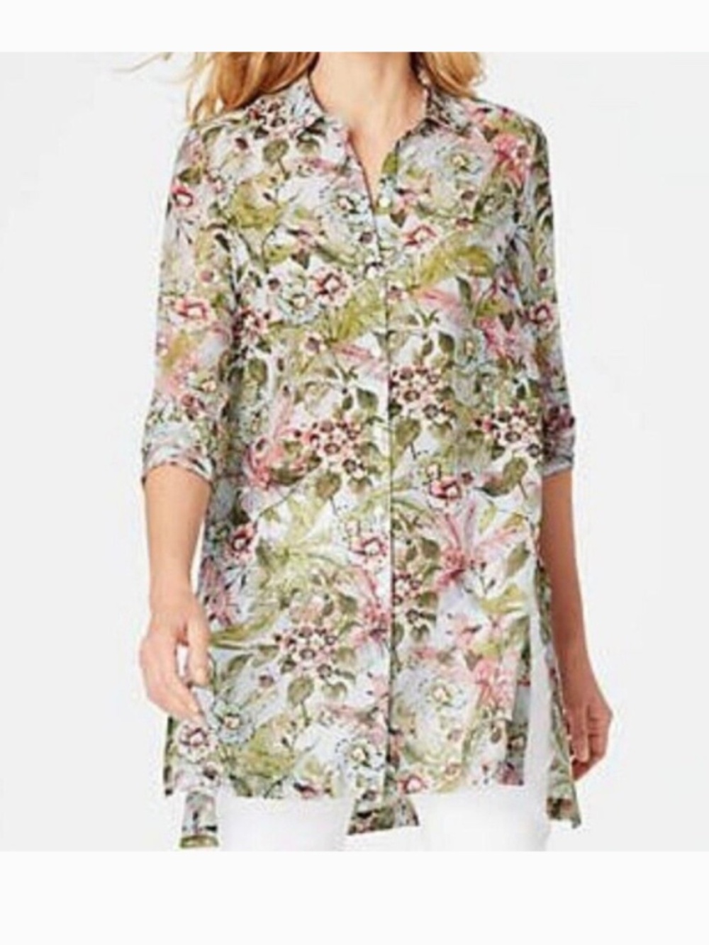 J Jill Silk Blend Button Up Tunic XL Floral Hummingbird Tropical Beach Cover Up